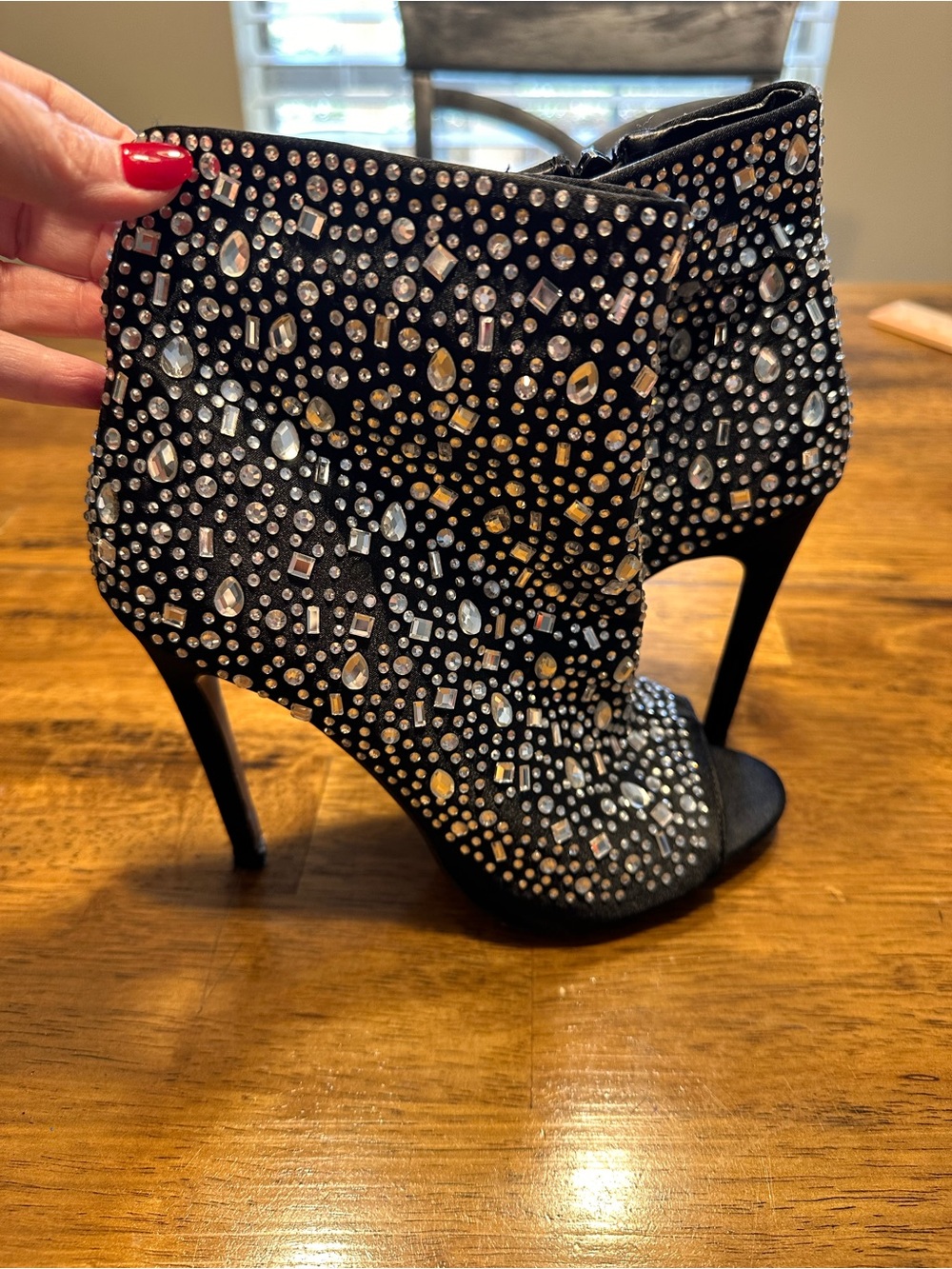 Akira Black Crystal Embellished Open-Toe High Heel Booties Size EU37/US7